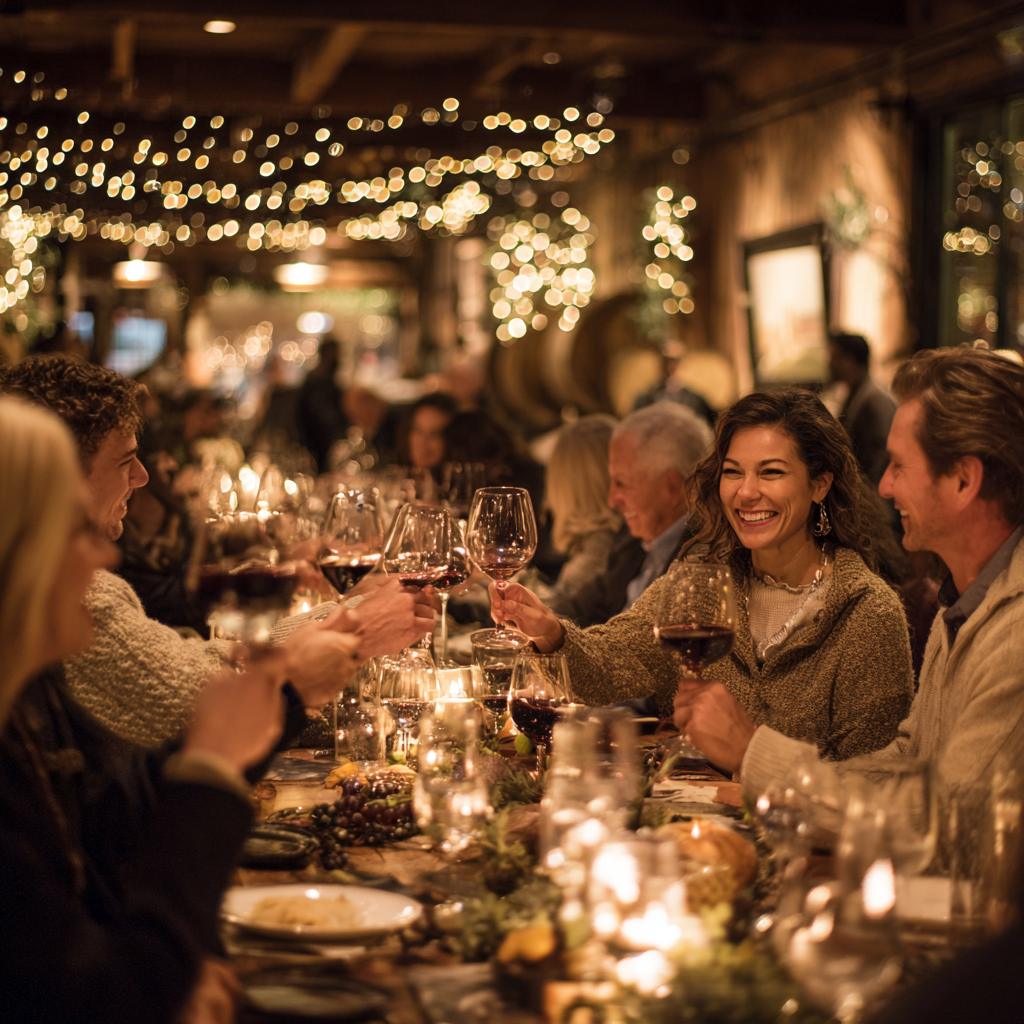 winery holiday event with guests tasting and shopping for wine gifts